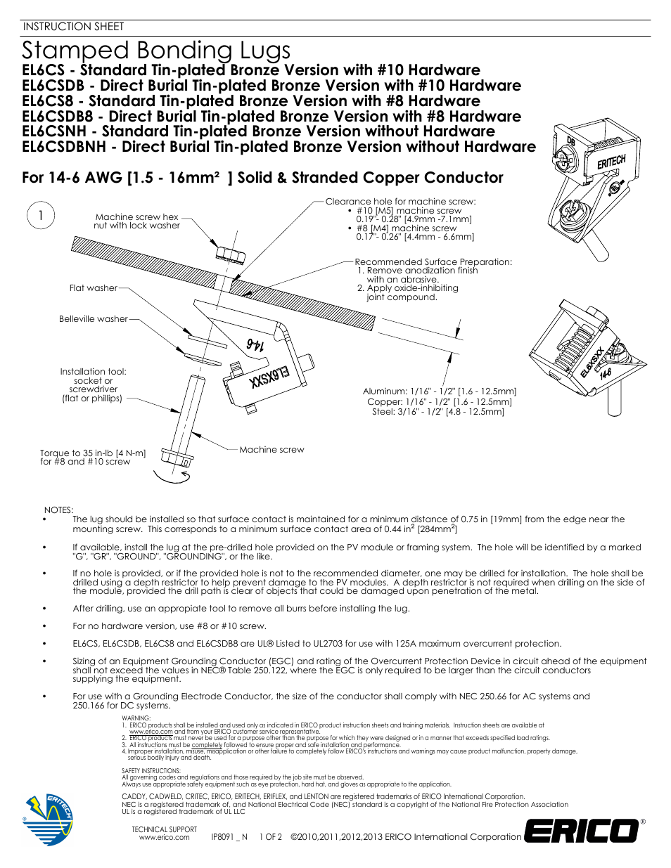 ERICO Stamped Bonding Lugs User Manual | 2 pages