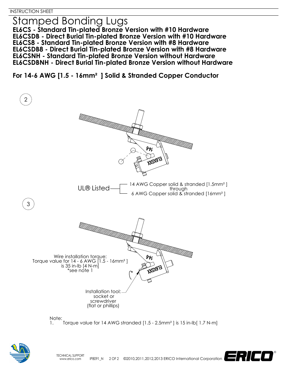 Sheet2, Drawing view5, Drawing view7 | Stamped bonding lugs, Ul® listed | ERICO Stamped Bonding Lugs User Manual | Page 2 / 2