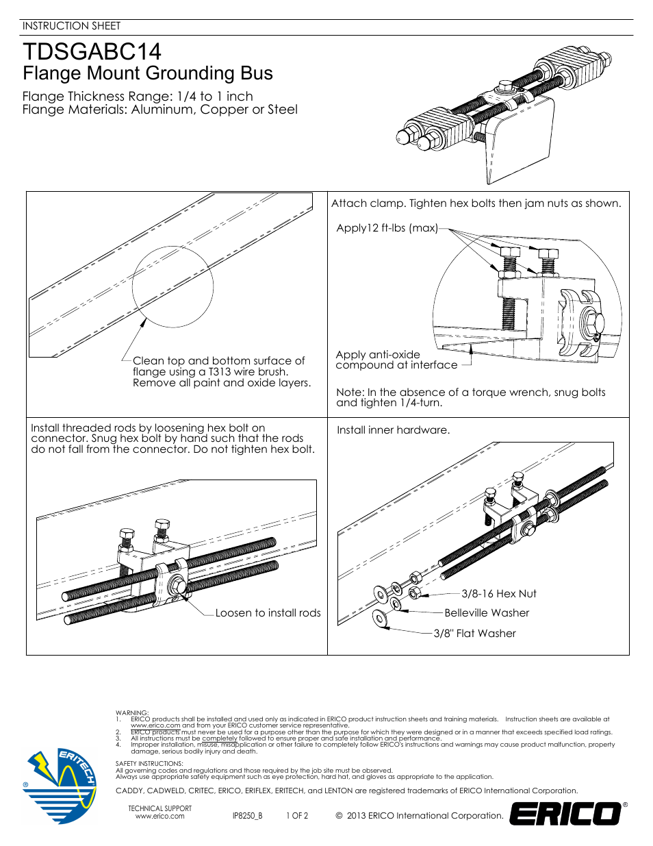 ERICO TDSGABC14 Flange Mount Grounding Bus User Manual | 2 pages