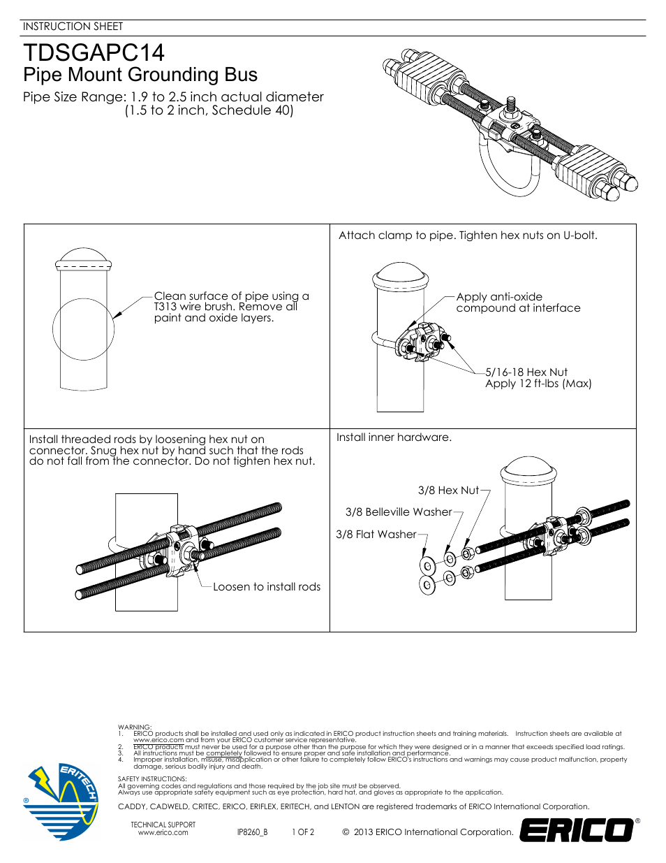 ERICO TDSGAPC14 Pipe Mount Grounding Bus User Manual | 2 pages