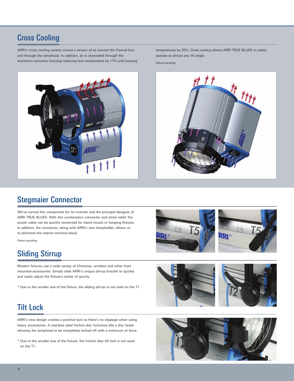 Stegmaier connector, Cross cooling, Sliding stirrup | Tilt lock | ARRI Lamphead ARRI TRUE BLUE User Manual | Page 4 / 12