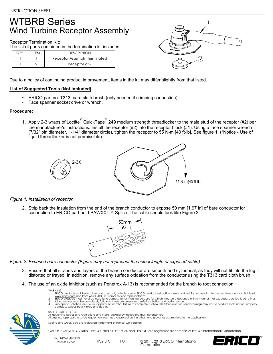 ERICO WTBRB Series Wind Turbine Receptor Assembly User Manual | 1 page
