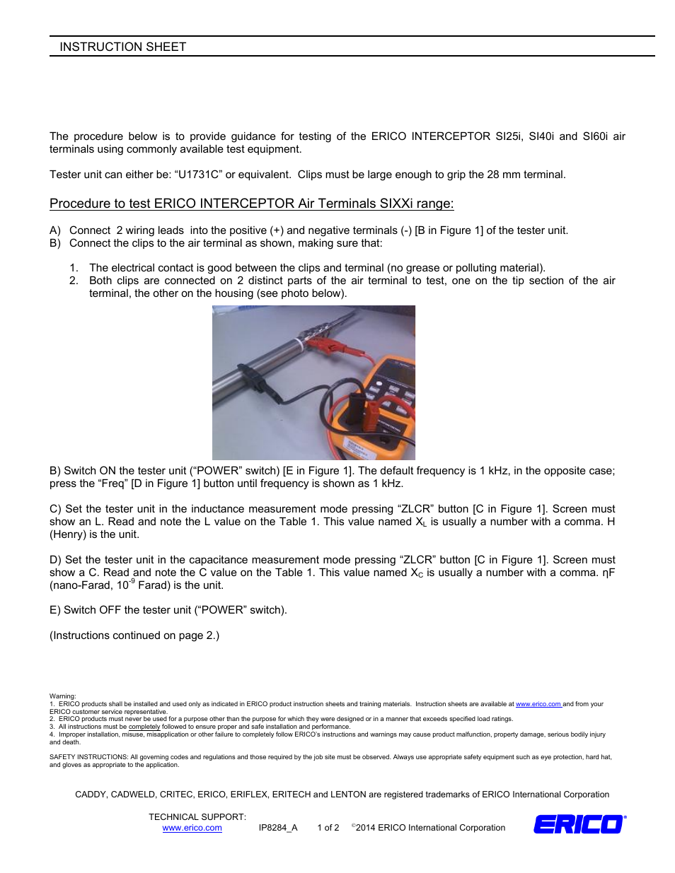 ERICO SI60i Series ERICO INTERCEPTOR Terminal Testing User Manual | 2 pages