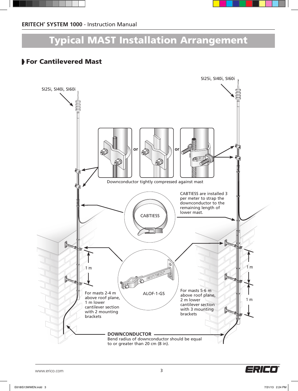 Typical mast installation arrangement, For cantilevered mast, Eritech | System 1000 - instruction manual | ERICO ERITECH INTERCEPTOR SI User Manual | Page 3 / 4