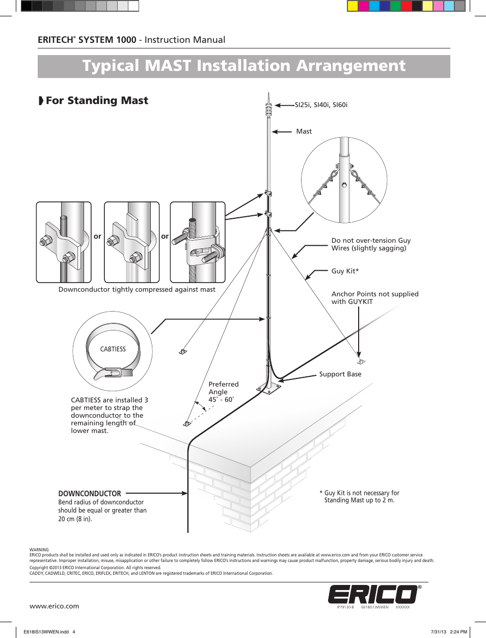Typical mast installation arrangement, For standing mast, Eritech | System 1000 - instruction manual | ERICO ERITECH INTERCEPTOR SI User Manual | Page 4 / 4