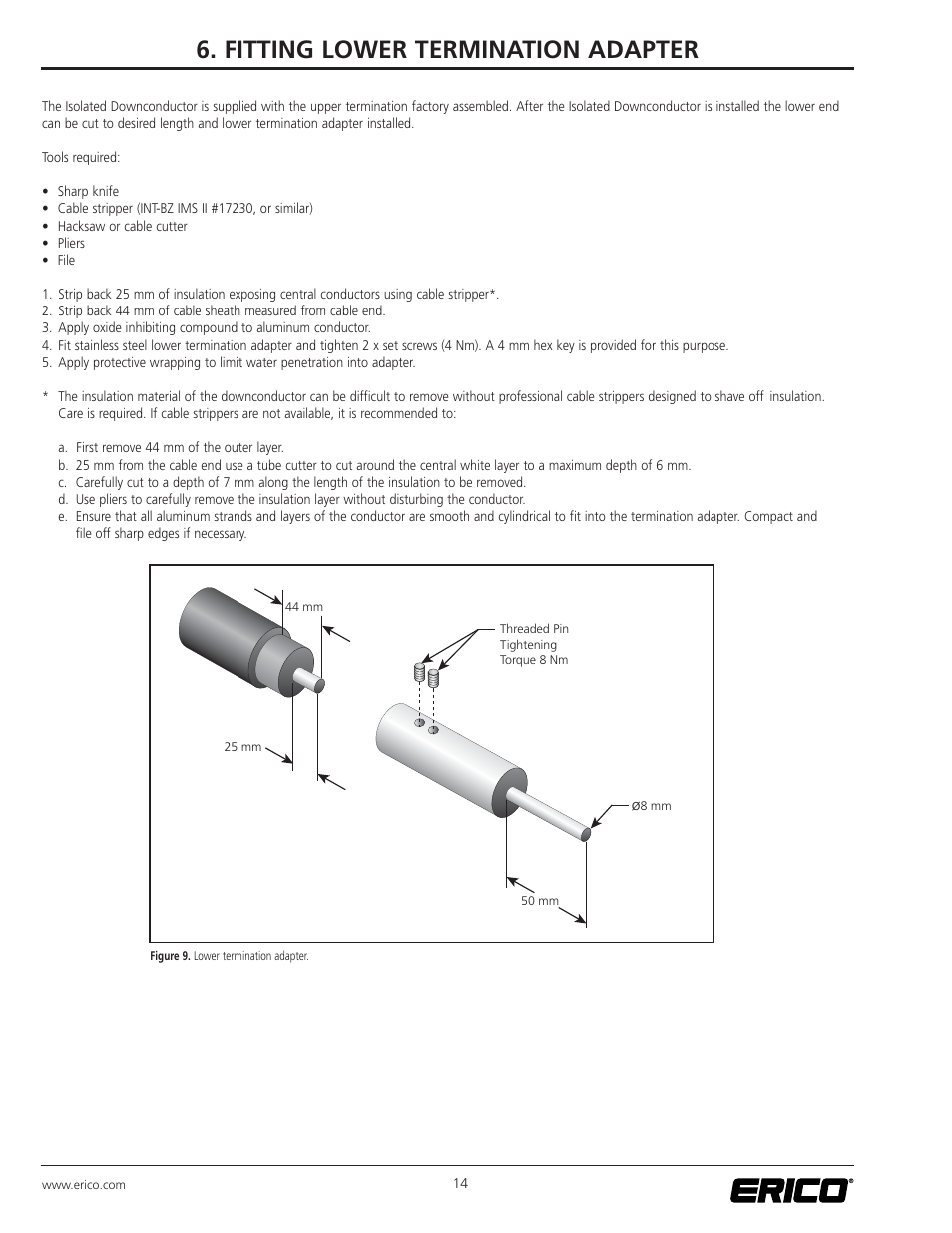 Fitting lower termination adapter | ERICO ISODC Isolated Downconductor System User Manual | Page 14 / 20