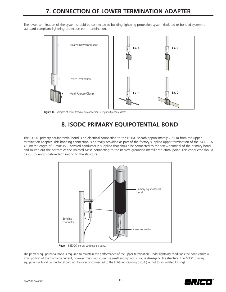 Connection of lower termination adapter, Isodc primary equipotential bond | ERICO ISODC Isolated Downconductor System User Manual | Page 15 / 20
