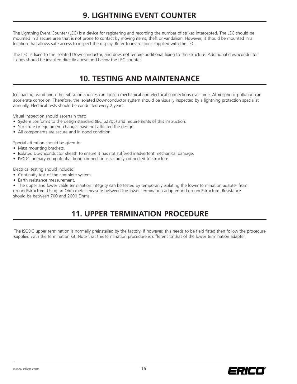 Testing and maintenance, Upper termination procedure, Lightning event counter | ERICO ISODC Isolated Downconductor System User Manual | Page 16 / 20