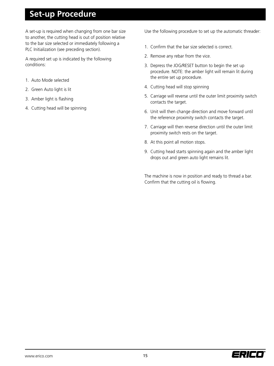 Set-up procedure | ERICO ELAT100 LENTON Automatic Threader User Manual | Page 15 / 28