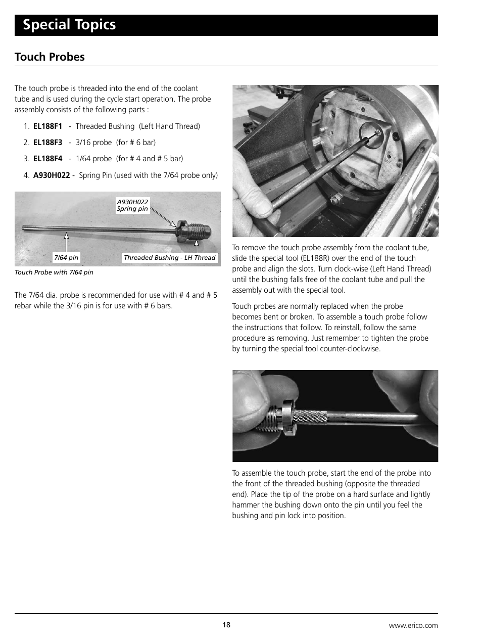 Special topics, Touch probes | ERICO ELAT100 LENTON Automatic Threader User Manual | Page 18 / 28