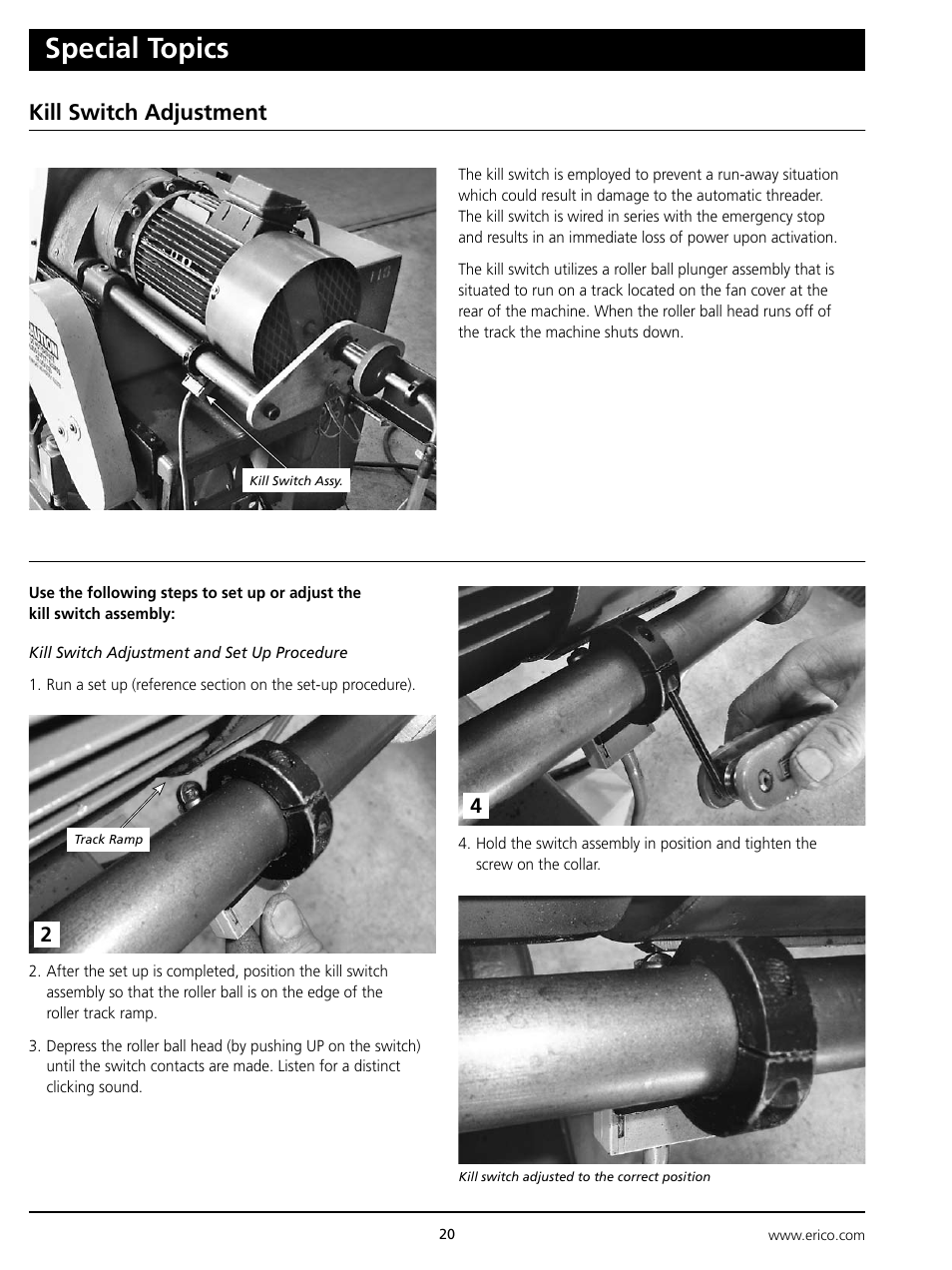 Special topics, Kill switch adjustment | ERICO ELAT100 LENTON Automatic Threader User Manual | Page 20 / 28
