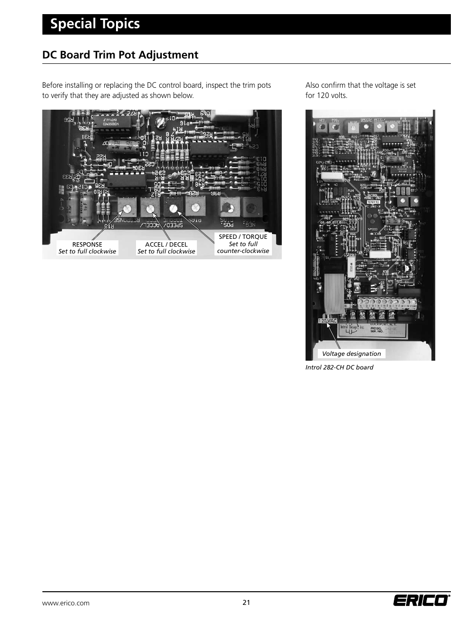 Special topics, Dc board trim pot adjustment | ERICO ELAT100 LENTON Automatic Threader User Manual | Page 21 / 28