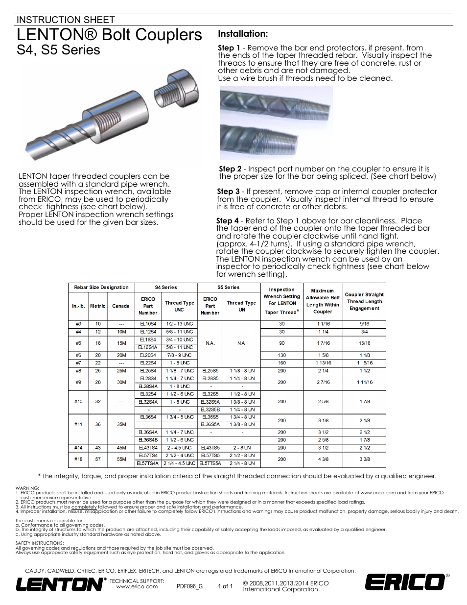 ERICO S4 Series LENTON Bolt Couplers User Manual | 1 page