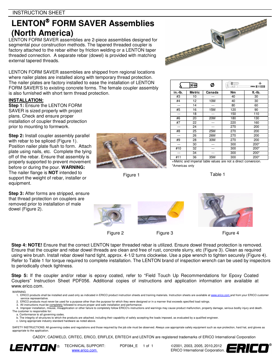 ERICO LENTON FORM SAVER Assemblies User Manual | 1 page