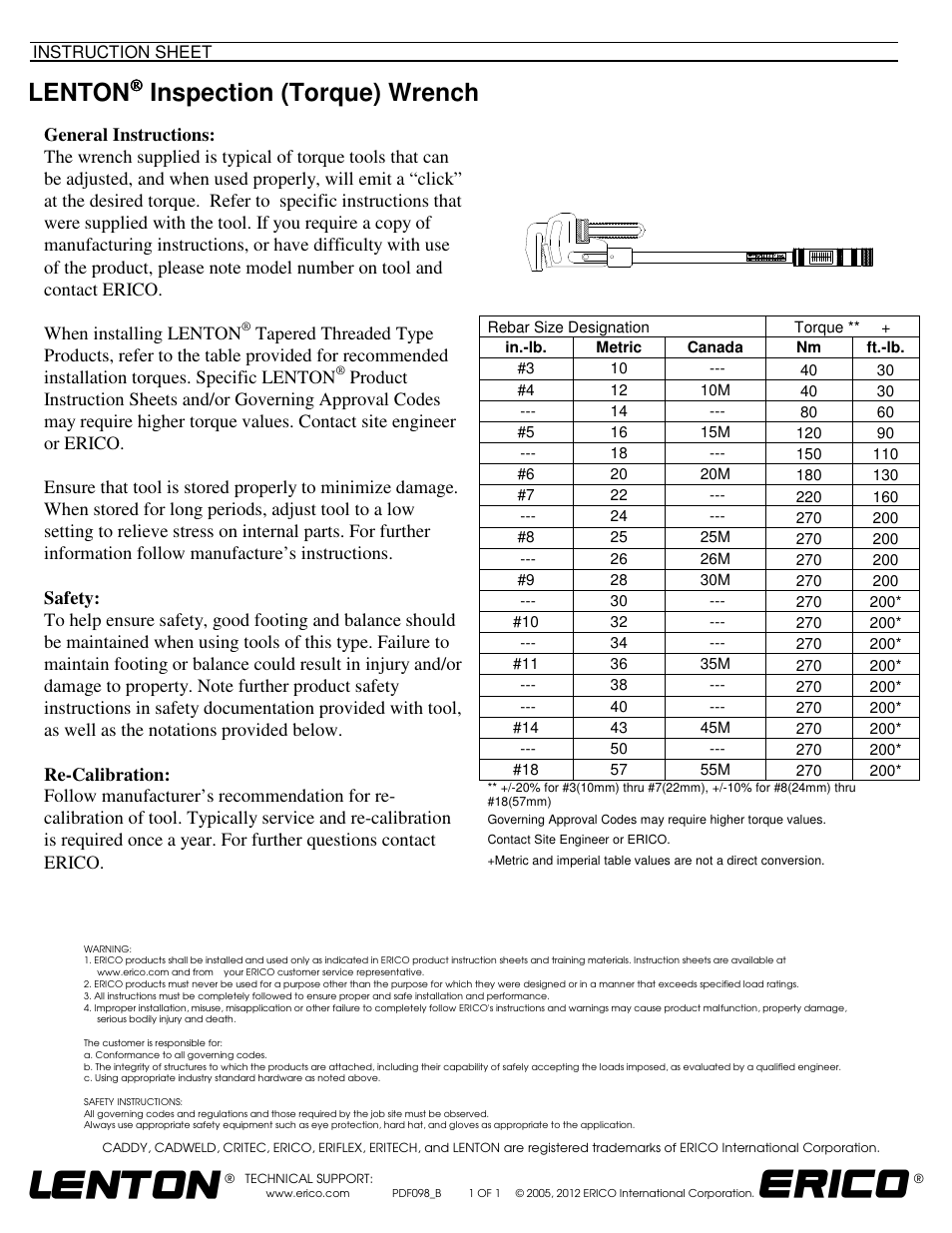 ERICO LENTON Inspection (Torque) Wrench User Manual | 1 page