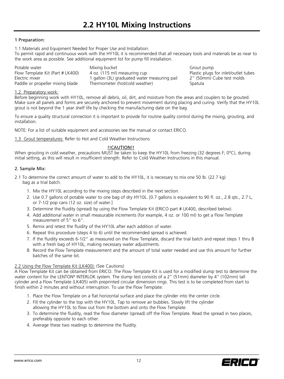 2 hy10l mixing instructions | ERICO LENTON INTERLOK Rebar Splicing System User Manual | Page 18 / 28