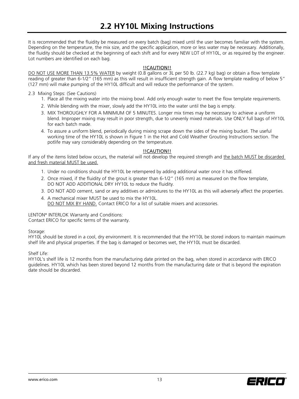2 hy10l mixing instructions | ERICO LENTON INTERLOK Rebar Splicing System User Manual | Page 19 / 28