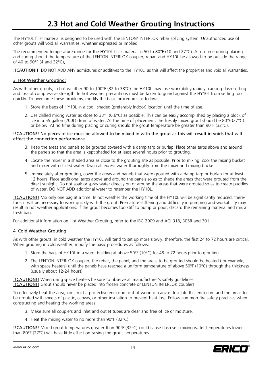 3 hot and cold weather grouting instructions | ERICO LENTON INTERLOK Rebar Splicing System User Manual | Page 20 / 28