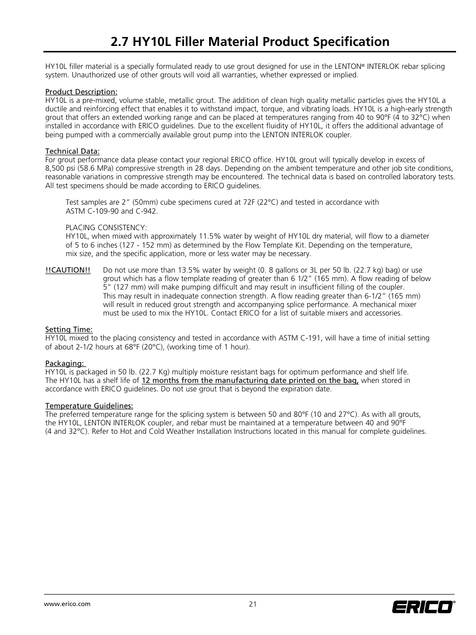 7 hy10l filler material product specification | ERICO LENTON INTERLOK Rebar Splicing System User Manual | Page 27 / 28