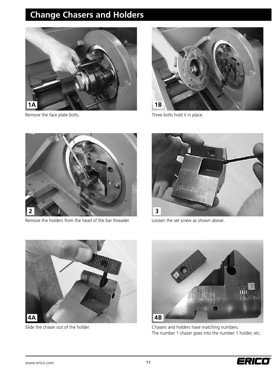 Change chasers and holders | ERICO LENTON Mid-Range Bar Threader User Manual | Page 11 / 24