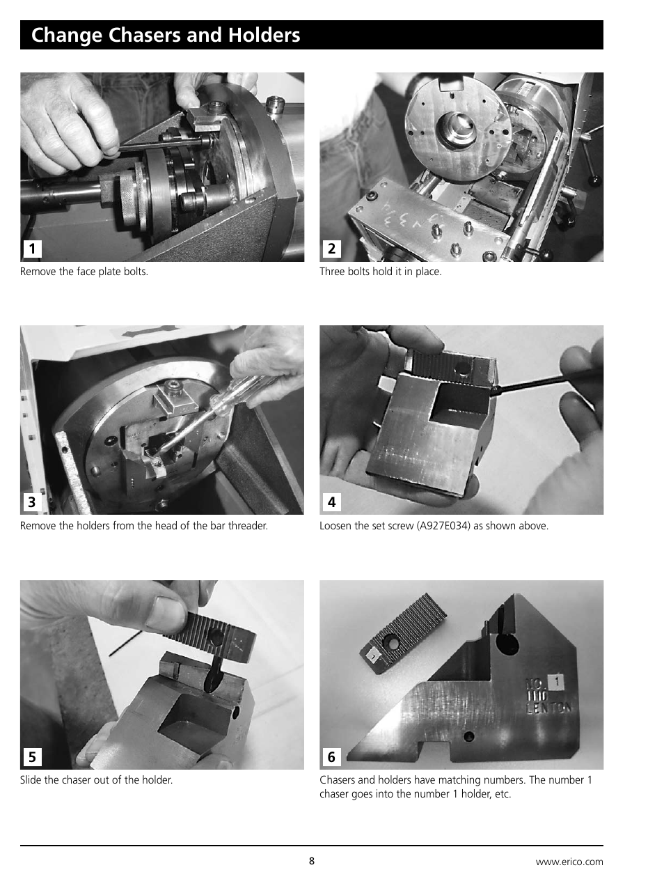 Change chasers and holders | ERICO Standard Bar Threader User Manual | Page 8 / 20