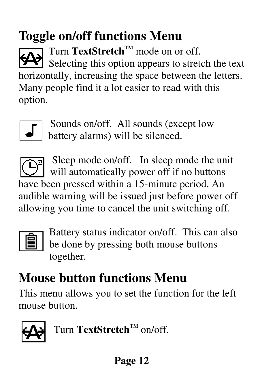 Toggle on/off functions menu, Mouse button functions menu | Eschenbach Optik Fusion User Manual | Page 13 / 20