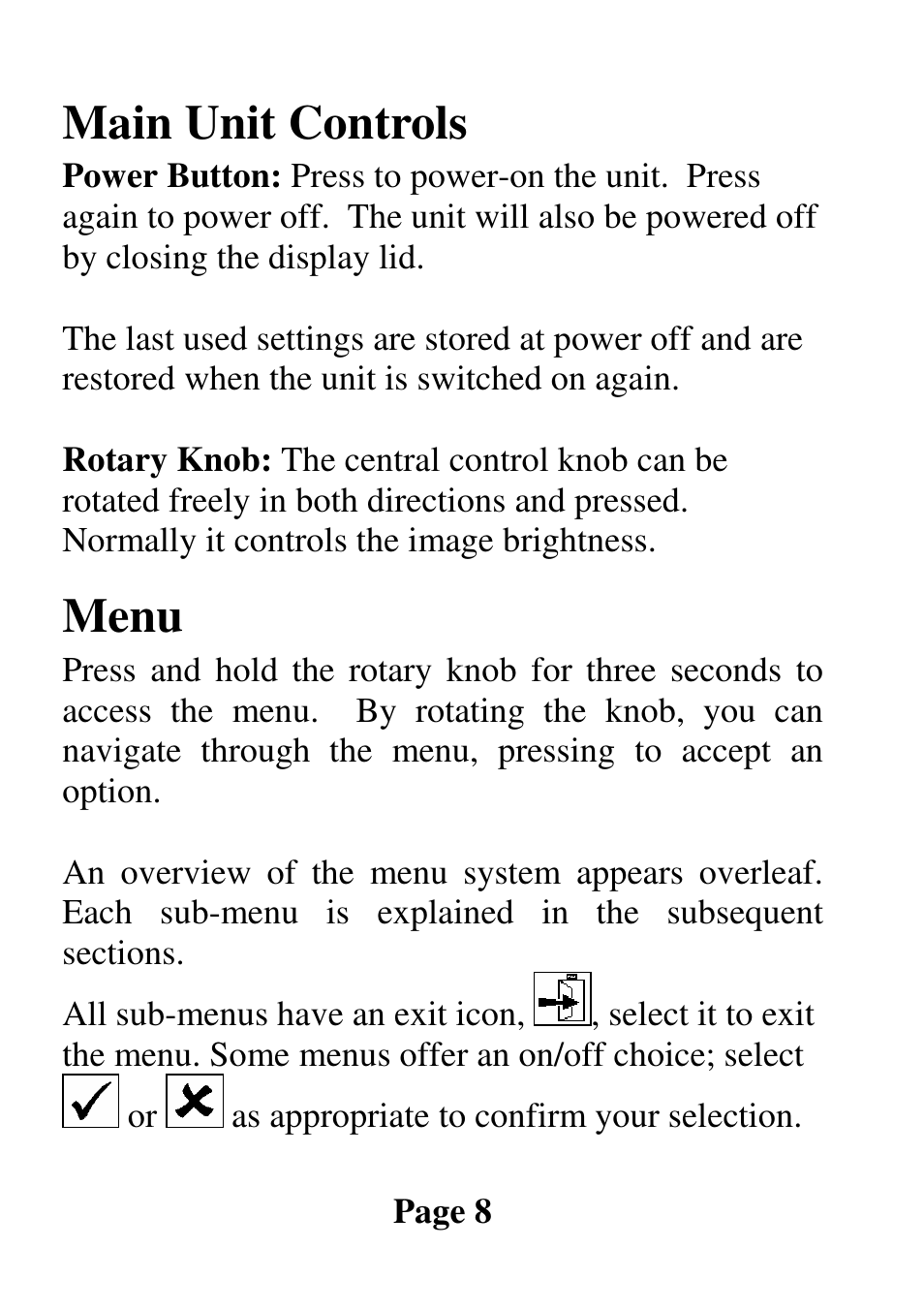 Main unit controls, Menu | Eschenbach Optik Fusion User Manual | Page 9 / 20