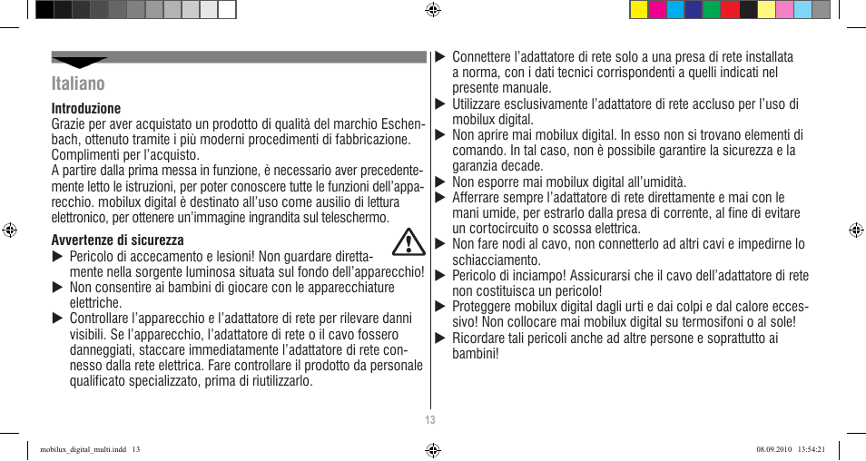 Italiano | Eschenbach Optik Mobilux Digital User Manual | Page 13 / 48