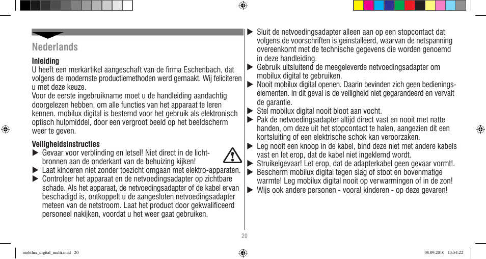 Nederlands | Eschenbach Optik Mobilux Digital User Manual | Page 20 / 48