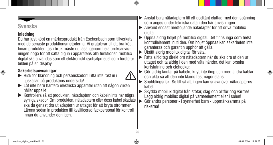 Svenska | Eschenbach Optik Mobilux Digital User Manual | Page 26 / 48