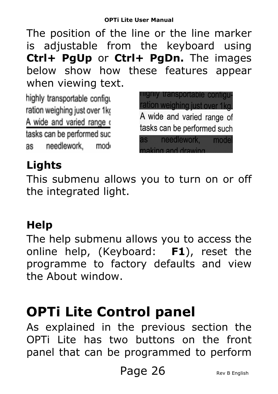 Opti lite control panel, Page 26 | Eschenbach Optik Opti Lite User Manual | Page 27 / 52