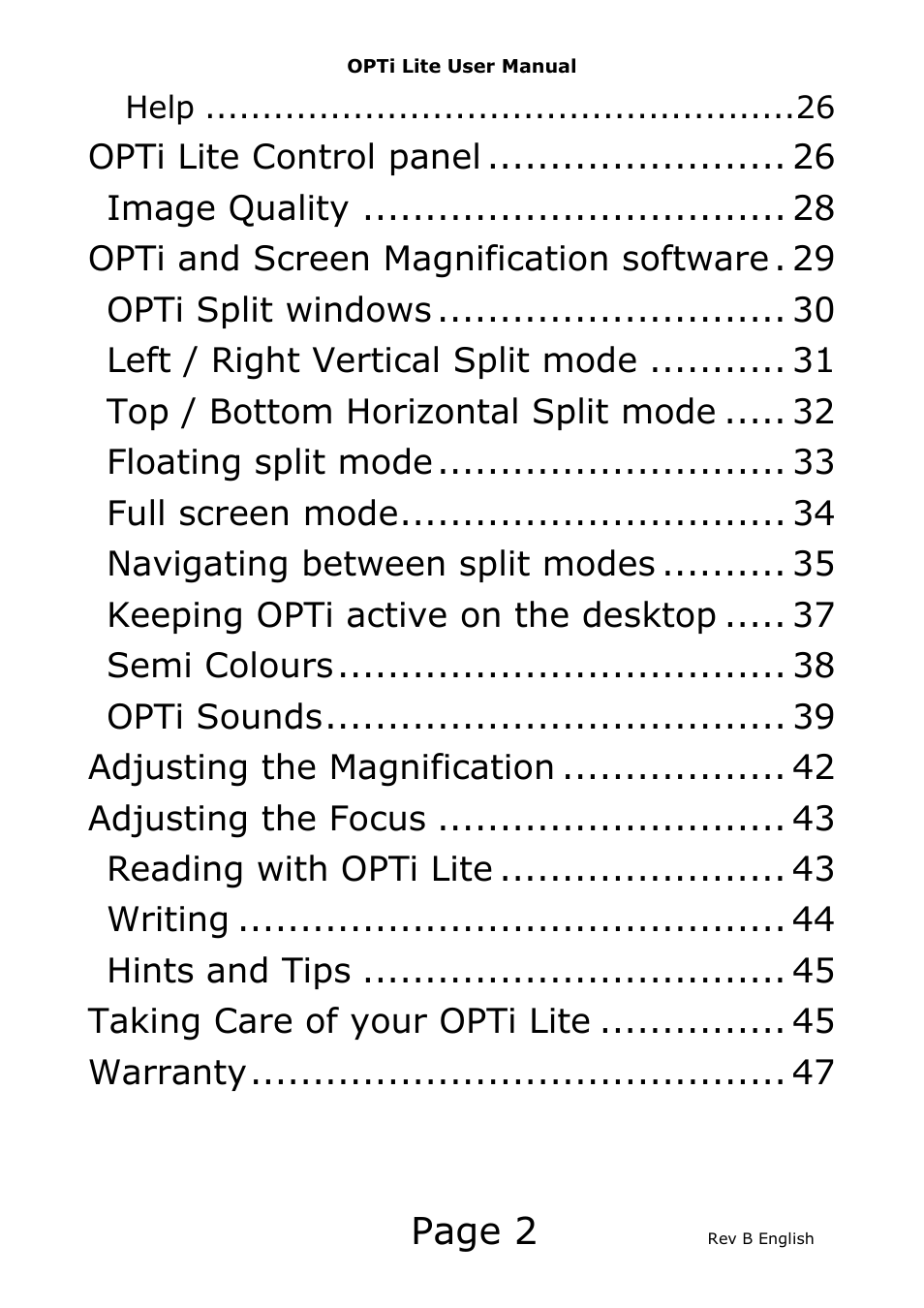 Page 2, Opti lite control panel, Image quality | Opti and screen magnification software . 29, Opti split windows, Left / right vertical split mode, Top / bottom horizontal split mode, Floating split mode, Full screen mode, Navigating between split modes | Eschenbach Optik Opti Lite User Manual | Page 3 / 52