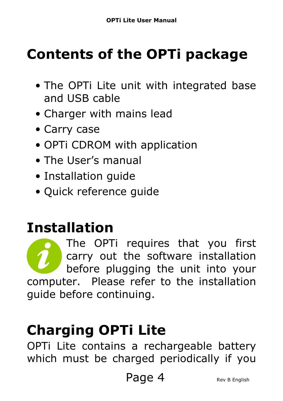 Contents of the opti package, Installation, Charging opti lite | Page 4 | Eschenbach Optik Opti Lite User Manual | Page 5 / 52