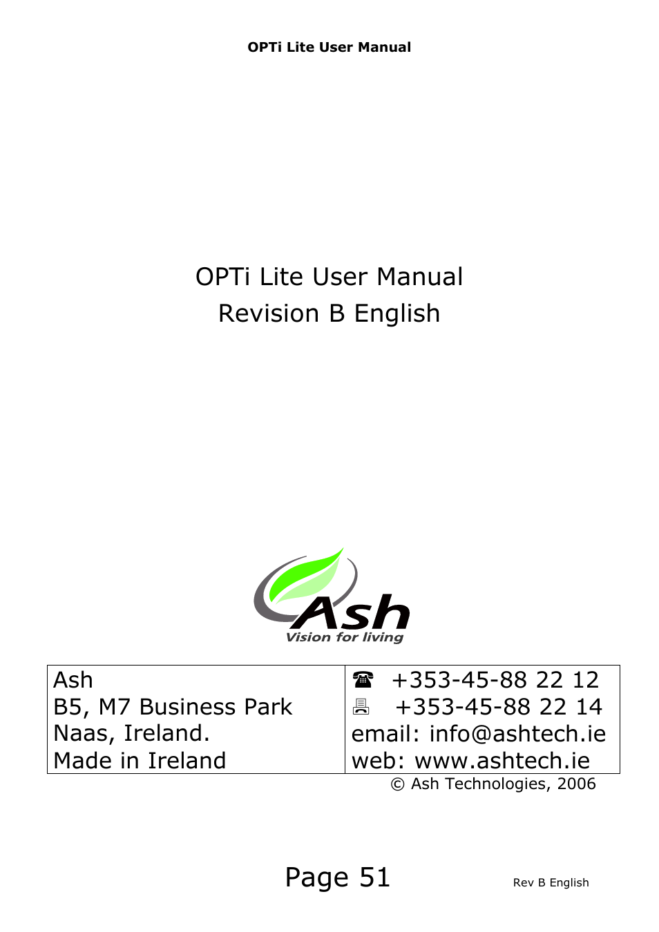 Page 51, Opti lite user manual revision b english | Eschenbach Optik Opti Lite User Manual | Page 52 / 52