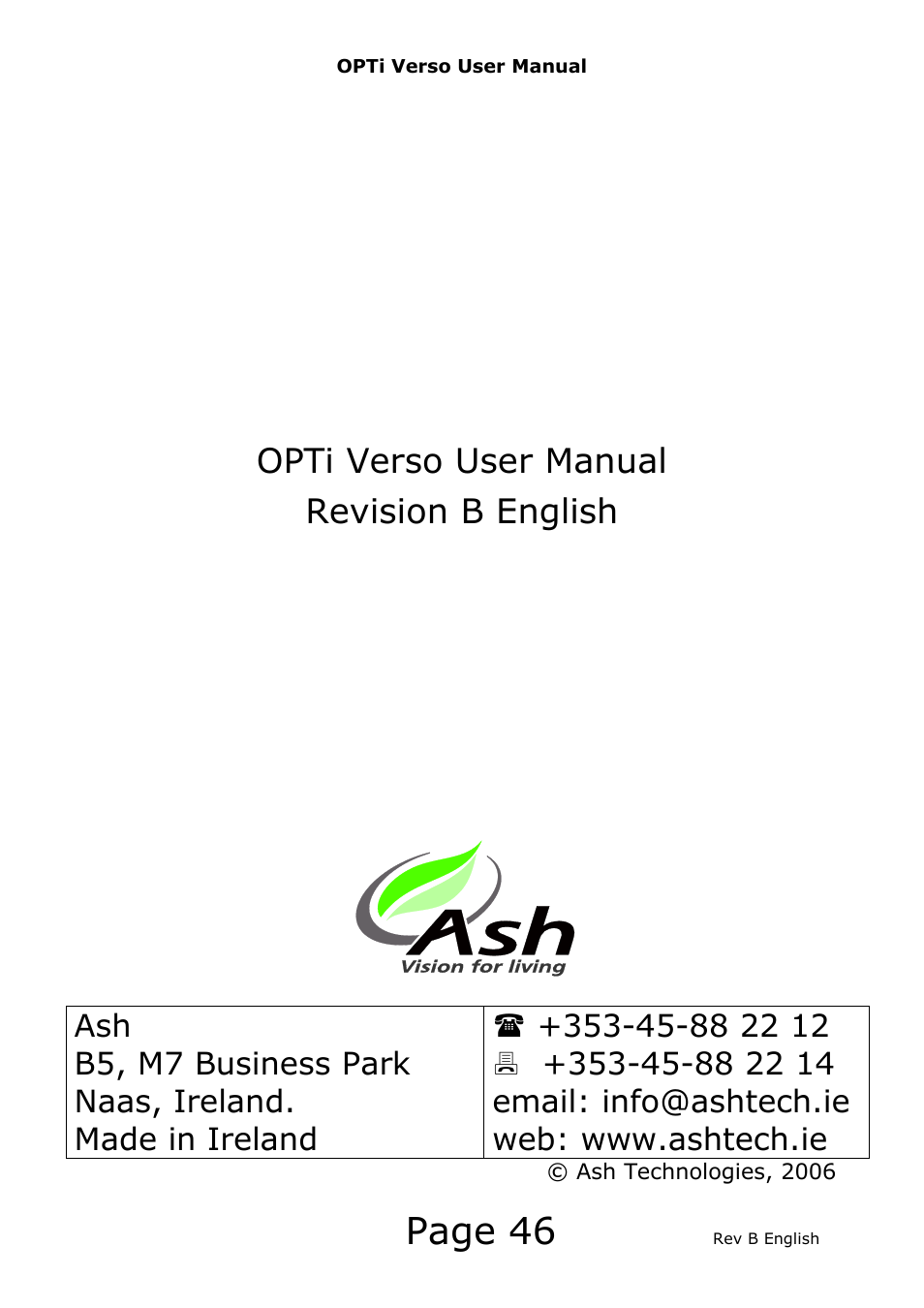 Page 46, Opti verso user manual revision b english | Eschenbach Optik Opti Verso User Manual | Page 47 / 47