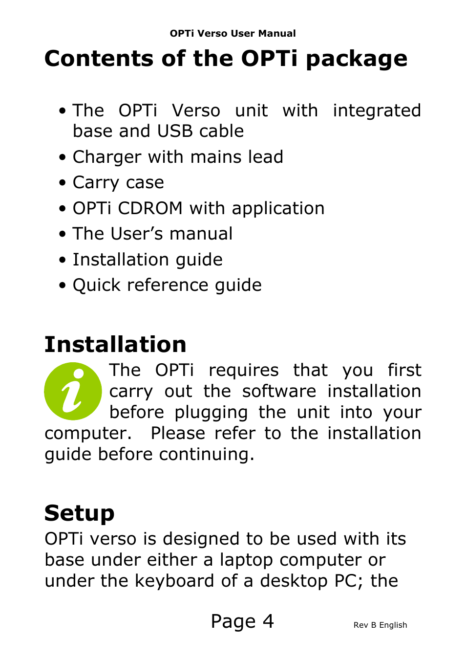 Contents of the opti package, Installation, Setup | Page 4 | Eschenbach Optik Opti Verso User Manual | Page 5 / 47