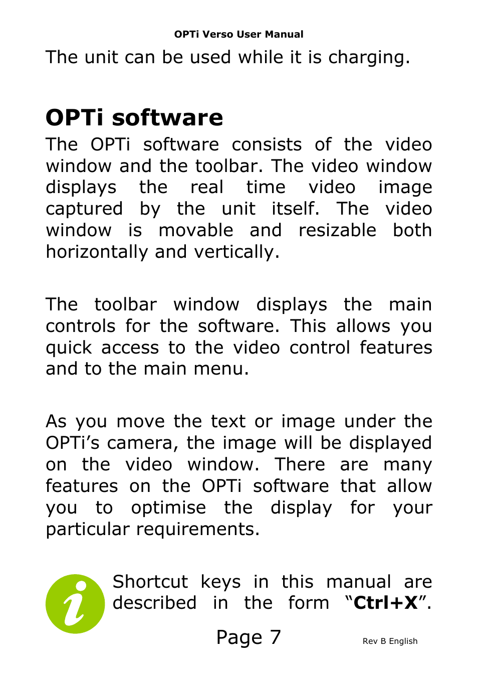 Opti software, Page 7, The unit can be used while it is charging | Eschenbach Optik Opti Verso User Manual | Page 8 / 47