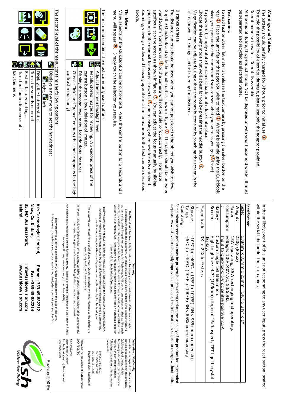 Text camera, Distance camera, The menu | Specifications | Eschenbach Optik Quicklook 2 User Manual | Page 2 / 2