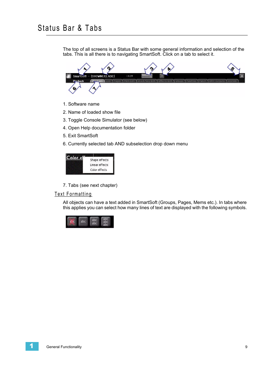 Status bar & tabs, Text formatting | ETC SmartSoft v3.0.1 User Manual | Page 13 / 32