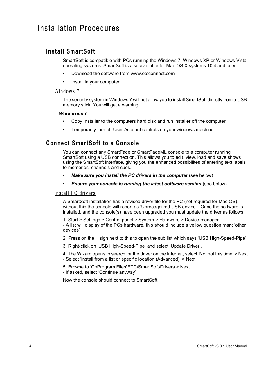 Installation procedures, Install smartsoft, Windows 7 | Connect smartsoft to a console, Install pc drivers, Install smartsoft connect smartsoft to a console | ETC SmartSoft v3.0.1 User Manual | Page 8 / 32