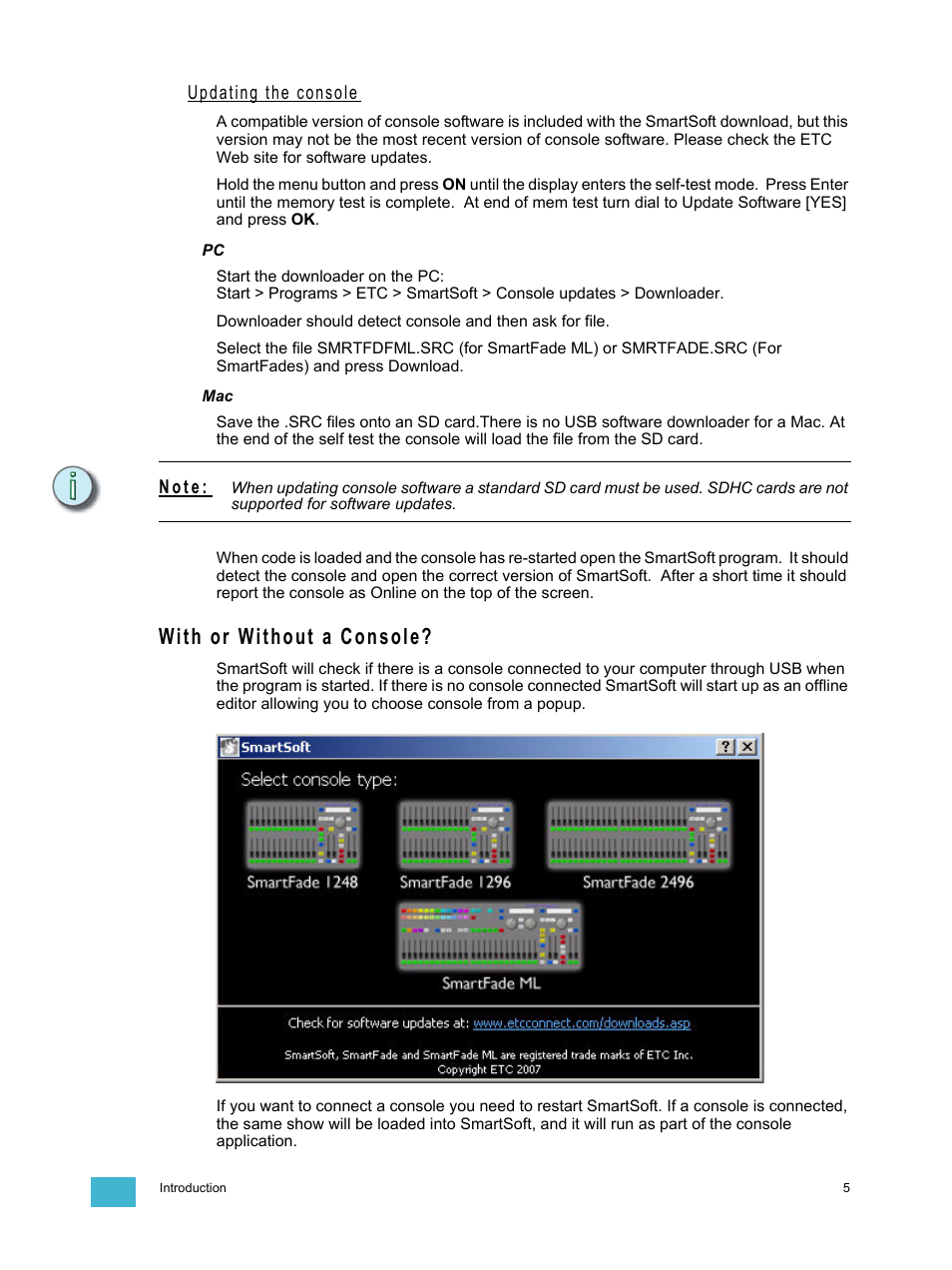 Updating the console, With or without a console, N o t e | ETC SmartSoft v3.0.1 User Manual | Page 9 / 32