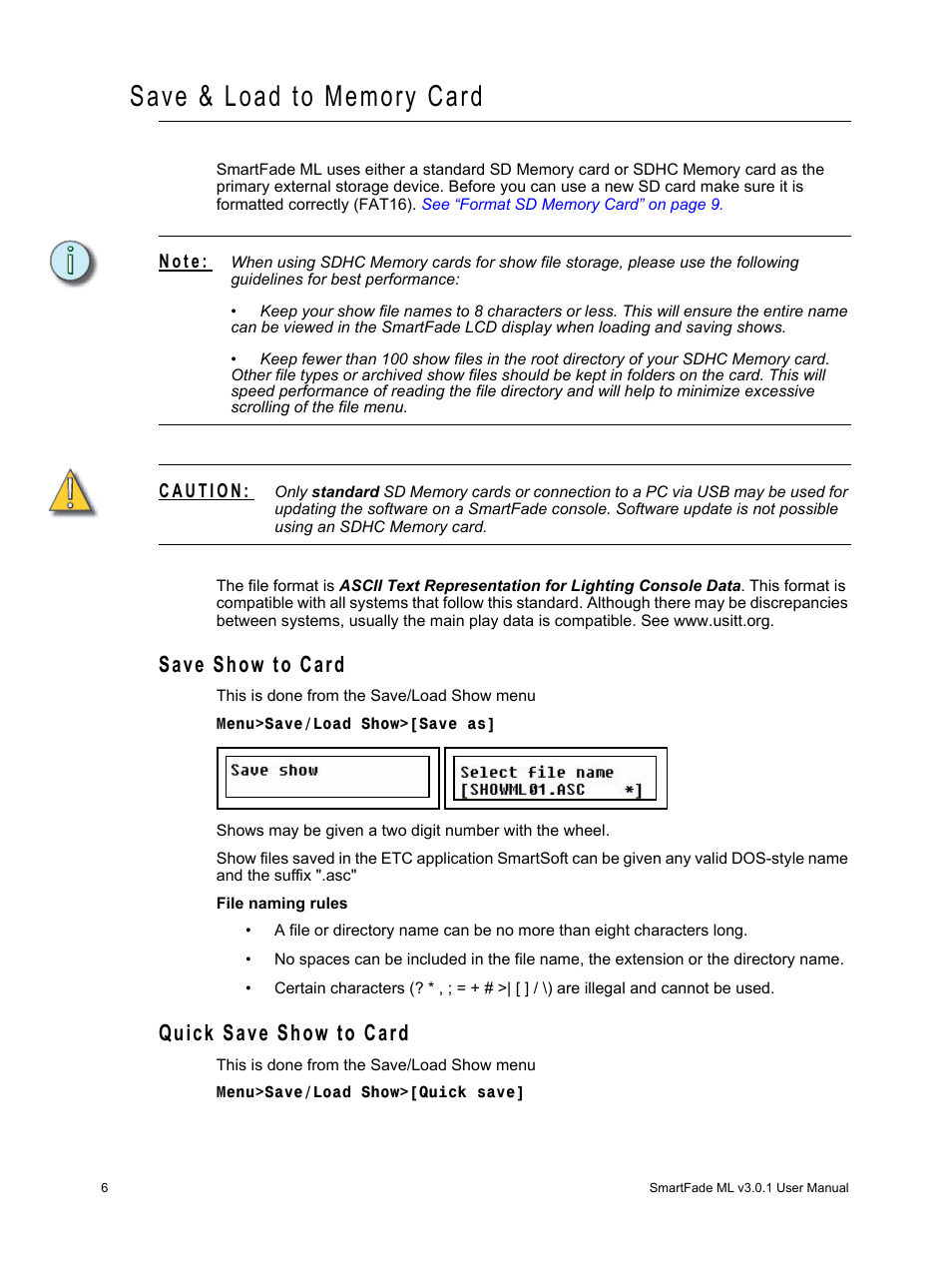 Save & load to memory card, Save show to card, Quick save show to card | Save show to card quick save show to card | ETC SmartFade ML v3.0.1 User Manual | Page 12 / 104