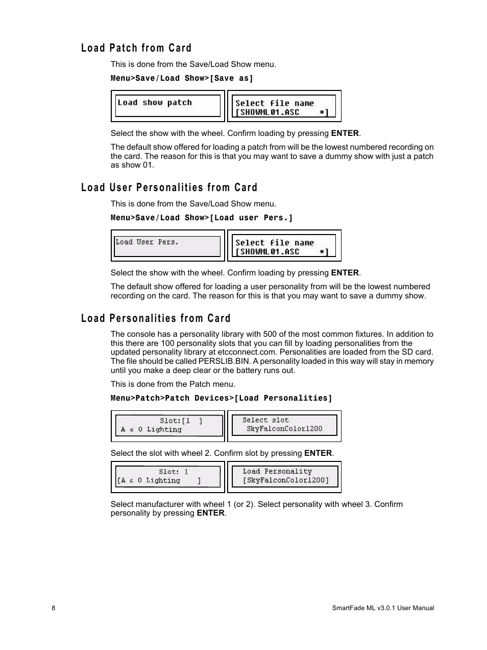 Load patch from card, Load user personalities from card, Load personalities from card | ETC SmartFade ML v3.0.1 User Manual | Page 14 / 104