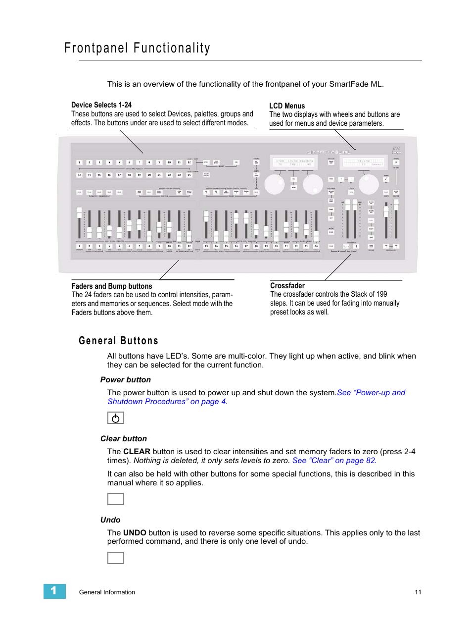 Frontpanel functionality, General buttons | ETC SmartFade ML v3.0.1 User Manual | Page 19 / 104