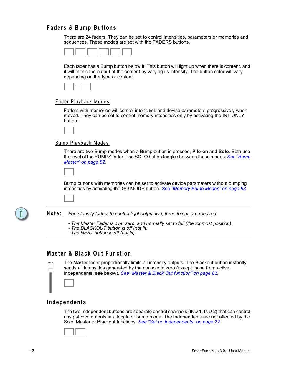 Faders & bump buttons, Fader playback modes, Bump playback modes | Master & black out function, Independents, N o t e | ETC SmartFade ML v3.0.1 User Manual | Page 20 / 104