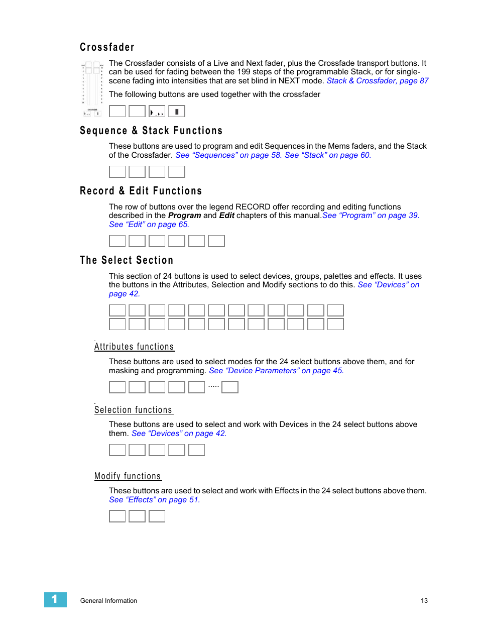 Crossfader, Sequence & stack functions, Record & edit functions | The select section, Attributes functions, Selection functions, Modify functions | ETC SmartFade ML v3.0.1 User Manual | Page 21 / 104