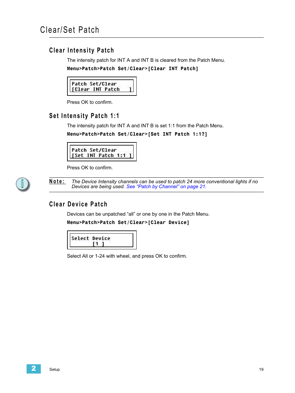 Clear/set patch, Clear intensity patch, Set intensity patch 1:1 | Clear device patch, Clear intensity patch set intensity patch 1:1 | ETC SmartFade ML v3.0.1 User Manual | Page 27 / 104