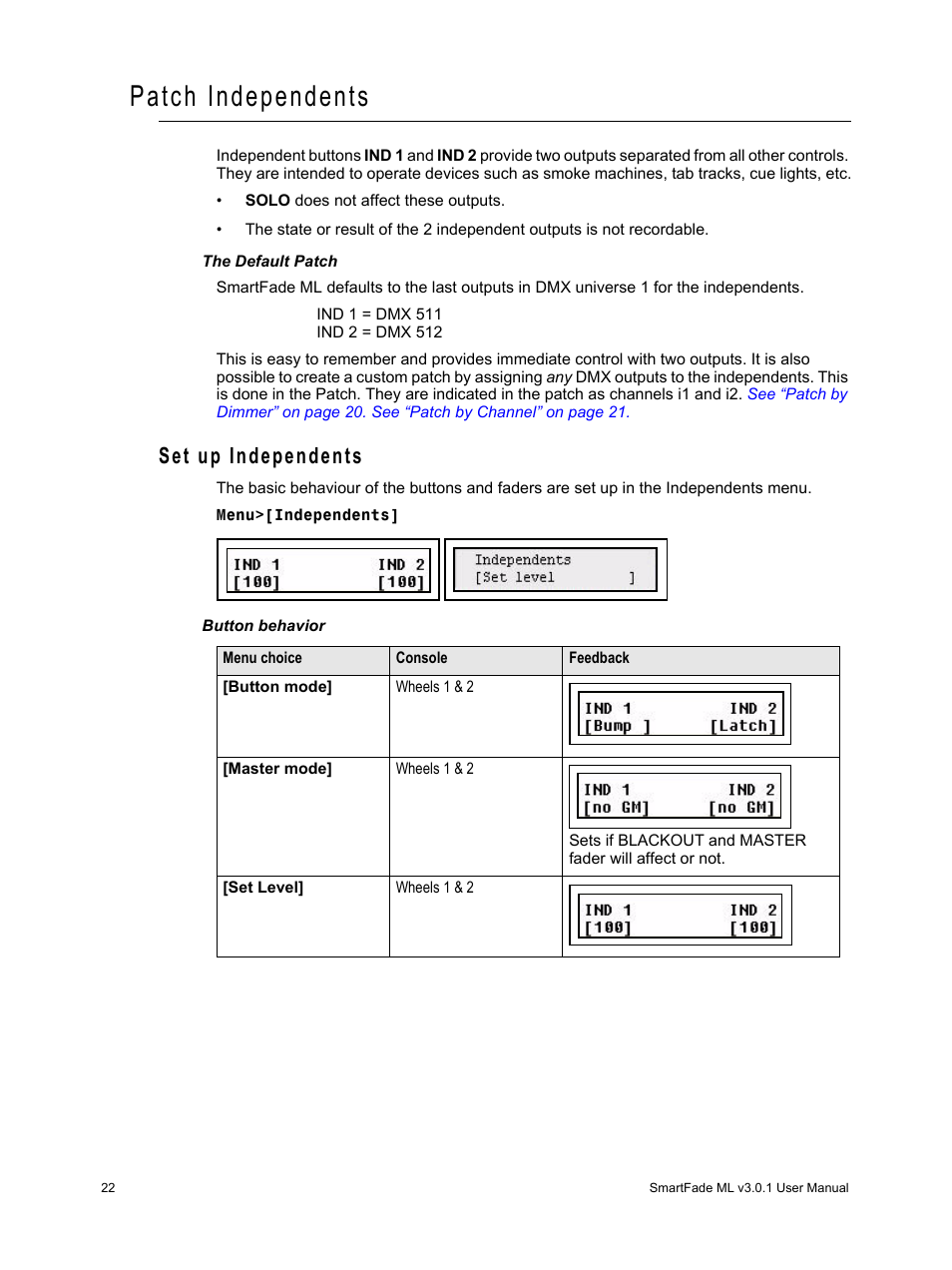 Patch independents, Set up independents, See “patch independents” on | ETC SmartFade ML v3.0.1 User Manual | Page 30 / 104