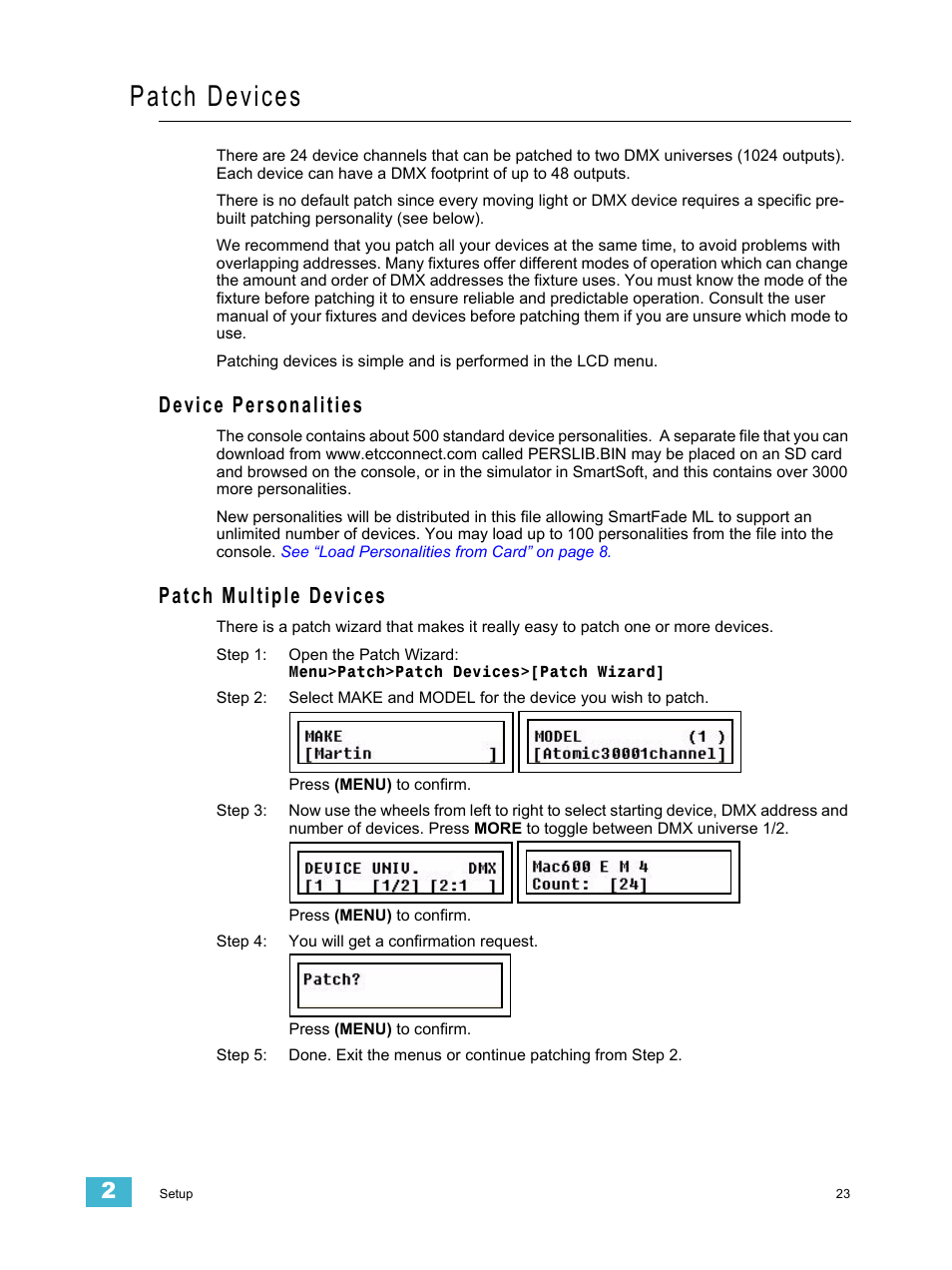 Patch devices, Device personalities, Patch multiple devices | Device personalities patch multiple devices | ETC SmartFade ML v3.0.1 User Manual | Page 31 / 104