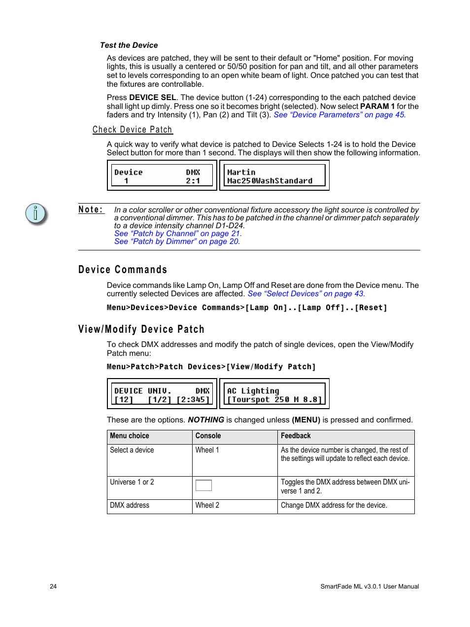 Check device patch, Device commands, View/modify device patch | Device commands view/modify device patch, N o t e | ETC SmartFade ML v3.0.1 User Manual | Page 32 / 104